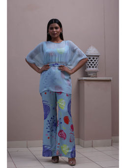 GAGAN VOHRA - Carnation Coral Cape with Bustier and Pant - Blue