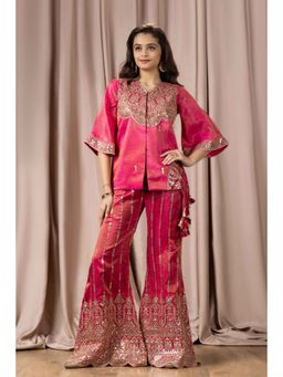 Lagorii - Luxe Mirror Work And Zari Embroidered Pink Kurti with Palazzo