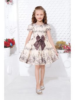 Lagorii - Elegant Floral Printed Chocolate Brown Bow Cream Frock