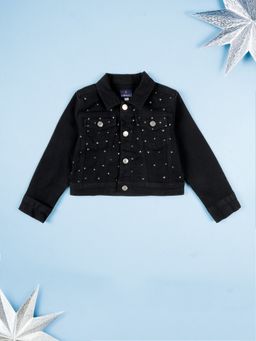 KiddoPanti - Girls Denim Woven Full Sleeves Crop Black Jacket