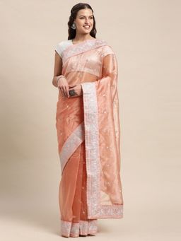 Vastranand - Coral Ethnic Motifs Embroidered Organza Party Wear Saree with Unstitched Blouse