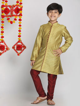 Vastramay - Boys Mustard Yellow And Maroon Kurta Pyjama (Set of 2)