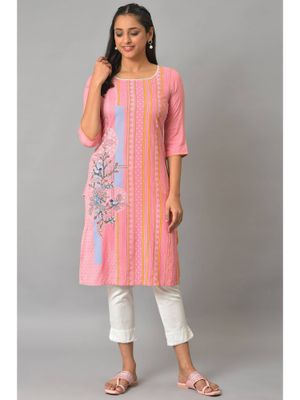 Women Cream-Coloured & Pink Printed Straight Kurta main image 1