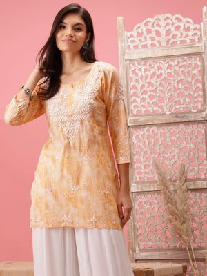 Ada Women's Cotton Chikankari Kurti - Lucknowi Hand Embroidered Straight Top Tunic, White Short Kurti With 3/4 Sleeves