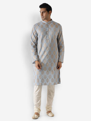 Kurta Uomo KISAH In Cotone Beige: Ricamo Geometrico, Colletto Coreano, Eleganza Etnica