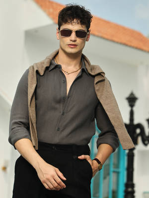Buy CAHOOT Men Charcoal Grey Breezy-Weave Shirt