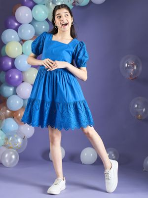 Cotton Schiffli Hand Printed Knee Length Dress
