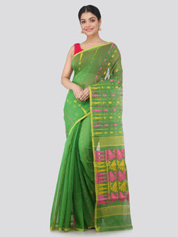 PinkLoom - Womens Soft Cotton Blend Jamdani Saree without Blouse -Green