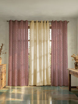 Urban Space - Garden Trail Mauve & Beige Cotton Curtains (Pack of 3)