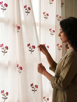 Urban Space - Neerja Dark Pink Embroidered Cotton Sheer Curtain