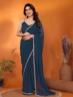 Odette - Women Navy Blue Solid Lace Work Saree with Unstitched Blouse