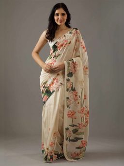 Odette - Women Cream Georgette Lotus Floral Printed Saree with Unstitched Blouse