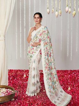 Odette - Women White Georgette Floral Printed Saree with Unstitched Blouse