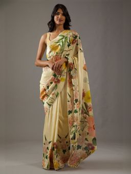 Odette - Women Light Yellow Georgette Floral Printed Saree with Unstitched Blouse