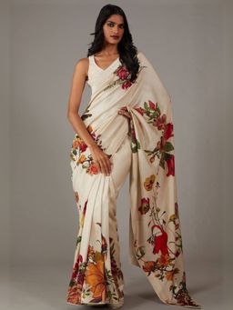 Odette - Women Off White Georgette Floral Printed Saree with Unstitched Blouse