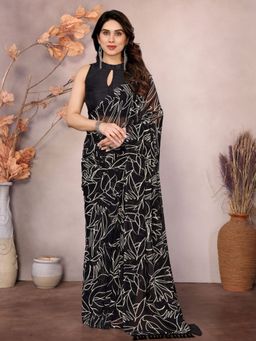 Odette - Women Black Georgette Floral Printed Saree with Unstitched Blouse