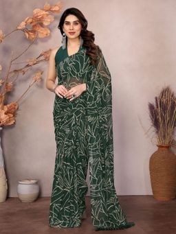 Odette - Women Green Georgette Floral Printed Saree with Unstitched Blouse