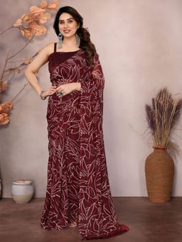 Odette - Women Maroon Georgette Floral Printed Saree with Unstitched Blouse
