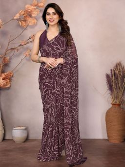Odette - Women Wine Georgette Floral Printed Saree with Unstitched Blouse