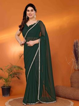 Odette - Women Green Georgette Solid Lace Work Saree with Unstitched Blouse