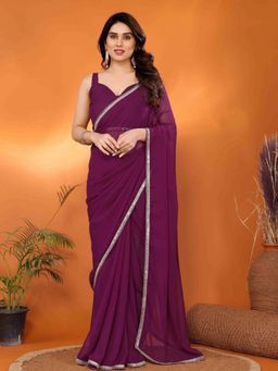 Odette - Women Wine Georgette Solid Lace Work Saree with Unstitched Blouse