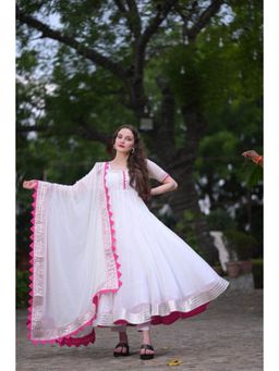 Ensembles - Ira White Anarkali Suit with Pant Dupatta
