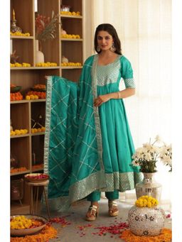 Ensembles - Pachai Anarkali Suit with Pant Dupatta