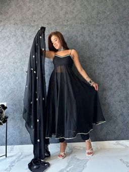 Ensembles - Silver Heart Black Anarkali Suit with Pant Dupatta