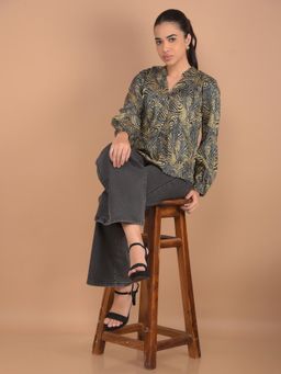 CRIMSOUNE CLUB - Women Multi-Color Abstract Print Mandarin Neck Top