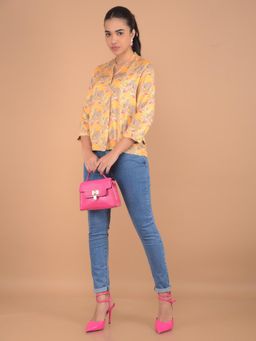 CRIMSOUNE CLUB - Women Yellow Floral Print Mandarin Neck Top