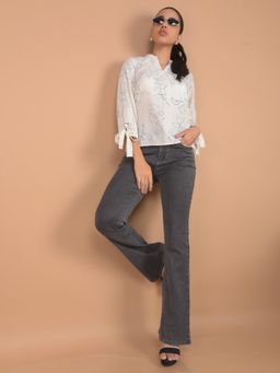 CRIMSOUNE CLUB - Women White Floral Print Mandarin Neck Top