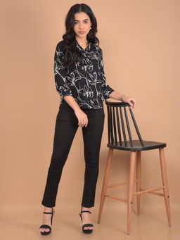 CRIMSOUNE CLUB - Women Black Floral Print Mandarin Neck Top