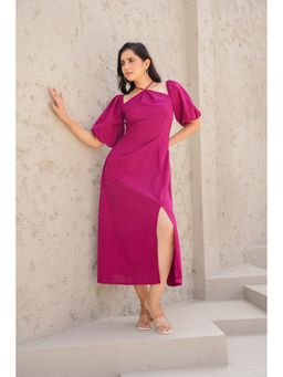 ELAYEE - Wine Pearl Solid/Plain Midi Dress
