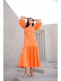 ELAYEE - Sun Kissed Orange Solid/Plain Midi Dress