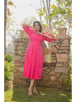 ELAYEE - Rosy Blush Pink Ruched Poplin Midi Dress