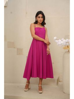 ELAYEE - Magenta Poska Solid/Plain Poplin Midi Dress