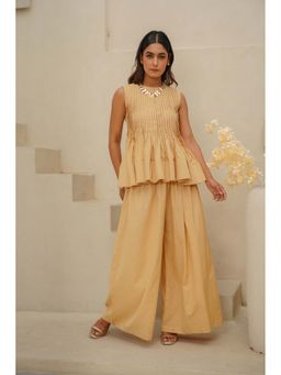 ELAYEE - Beige Indian Serenity Gold Pleated Palazzo with Peplum Top