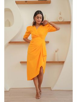 ELAYEE - Pumpkin Orange Solid/Plain Poplin Midi Dress