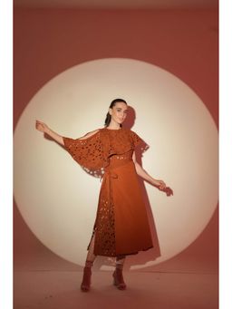 ELAYEE - Sula Brown Self Design Schiffli Midi Dress
