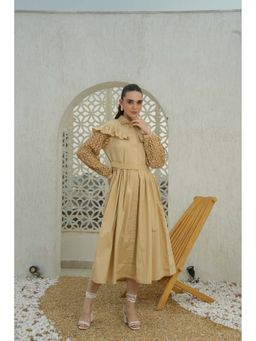 ELAYEE - Evara Beige Self Design Poplin Midi Dress with Belt