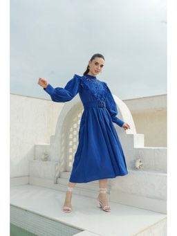 ELAYEE - Sinee Blue Self Design Poplin Midi Dress and Belt