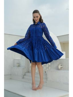 ELAYEE - Sango Blue Self Design Schiffli Knee Length Dress