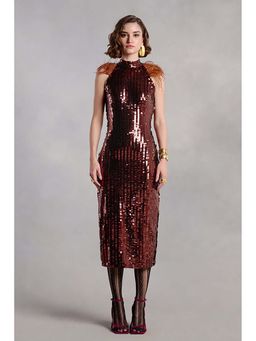 ZABELLA - Paisley Brown Sequins Midi Dress with Feathers