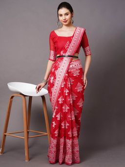 Odette - Red Festive Cotton Silk Woven Design Saree with Unstitched Blouse