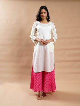 Cyan - White Embroidered Cotton Kurta