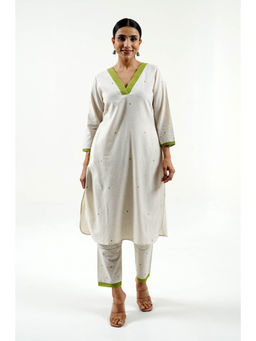 Cyan - Ivory Embroidered Cotton Linen Kurta