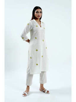 Cyan - White Embroidered Cotton Dobby Kurta with Slip (Set of 2)