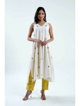 Cyan - White Embroidered Cotton Kurta