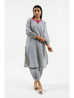 Cyan - Geo Block Print Cotton Linen Kurta