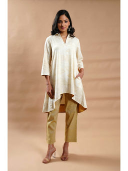 Cyan - Ivory Cotton Linen Block Print Kurta